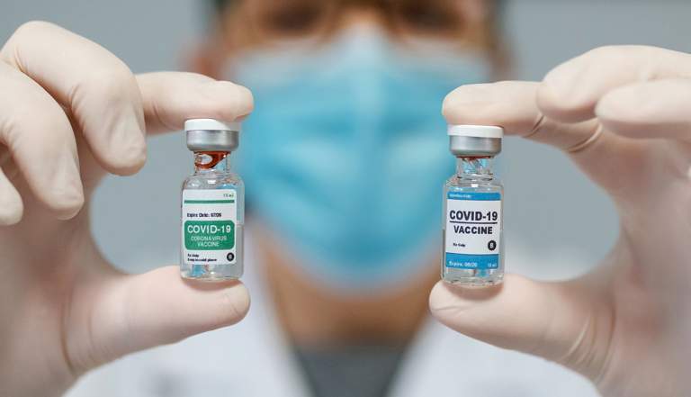 Doctor showing two coronavirus vaccine options
