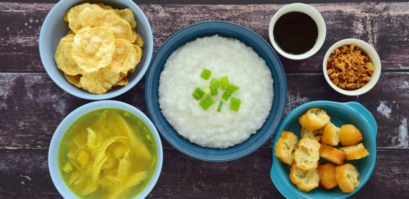 Bubur ayam, Indonesian rice porridge with chicken broth, cracker, fried onion and soy sauce