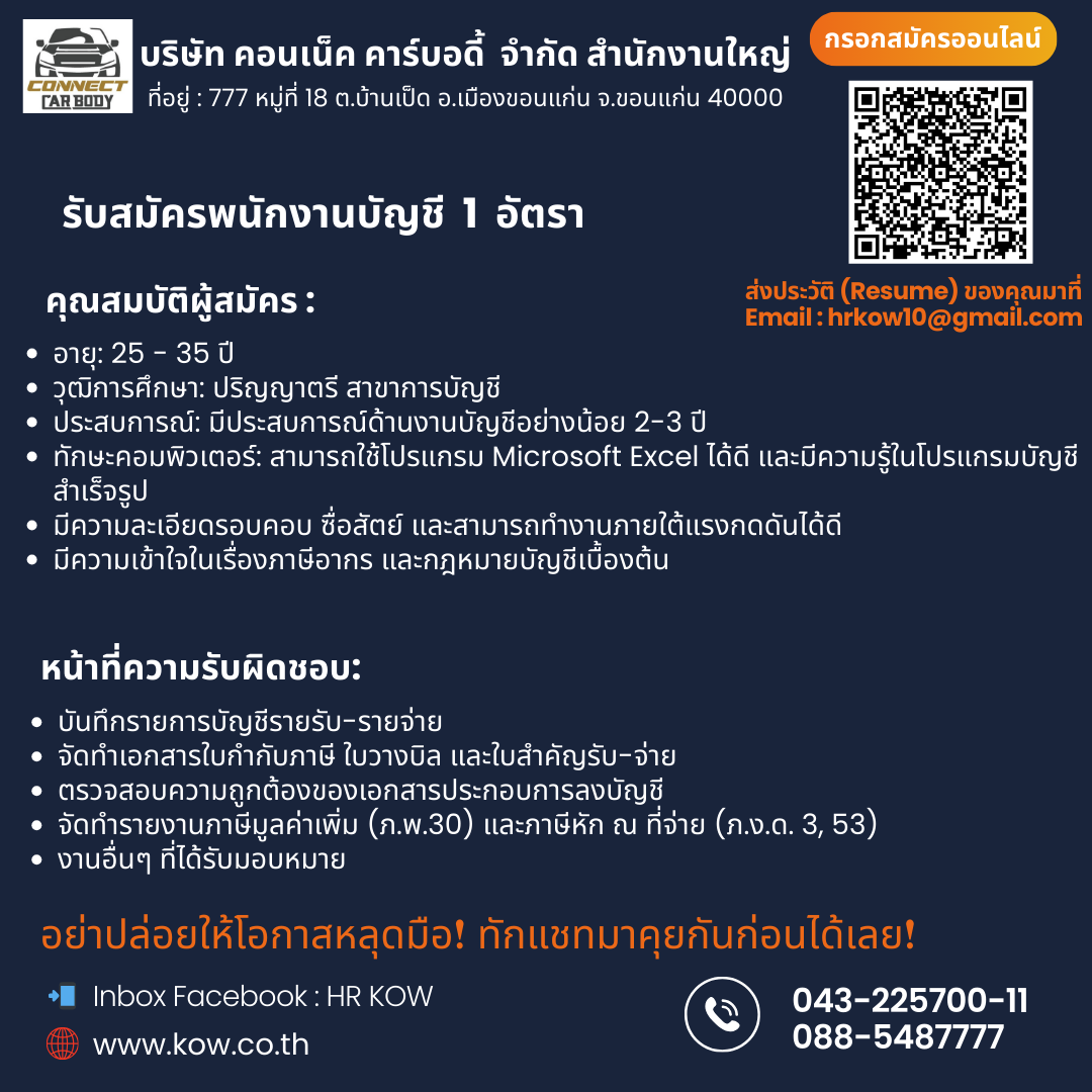 เจ้าหน้าที่บัญชี 1 อัตรา – ทำงานประจำ บจ.คอนเน็คคาร์บอดี้