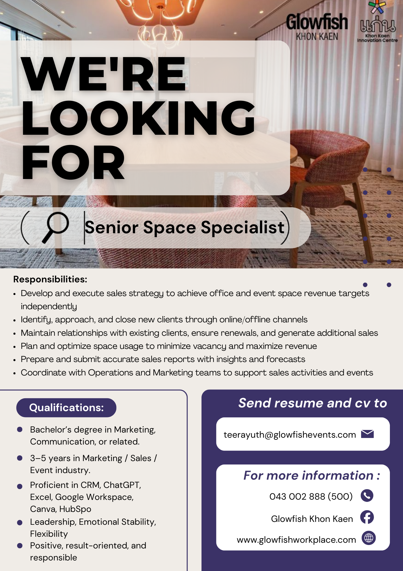 Glowfish Khon Kaen รับสมัคร Senior Space Specialist