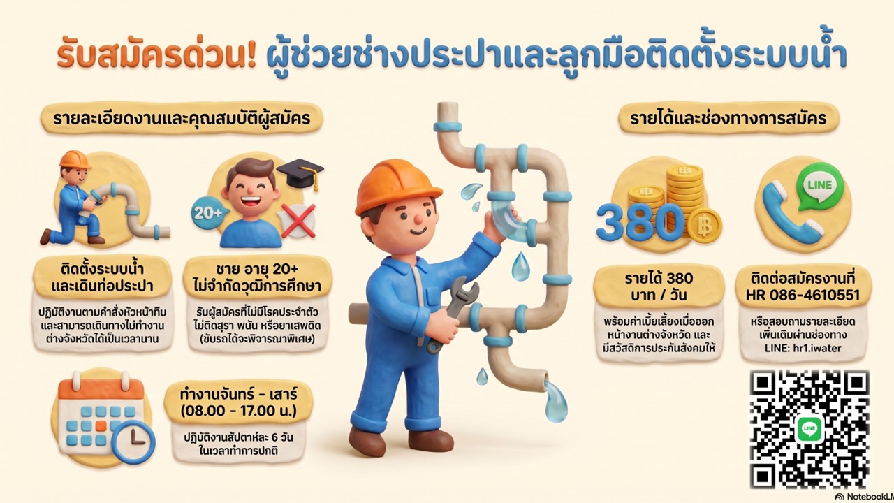 รับสมัครผู้ช่วยช่างประปา