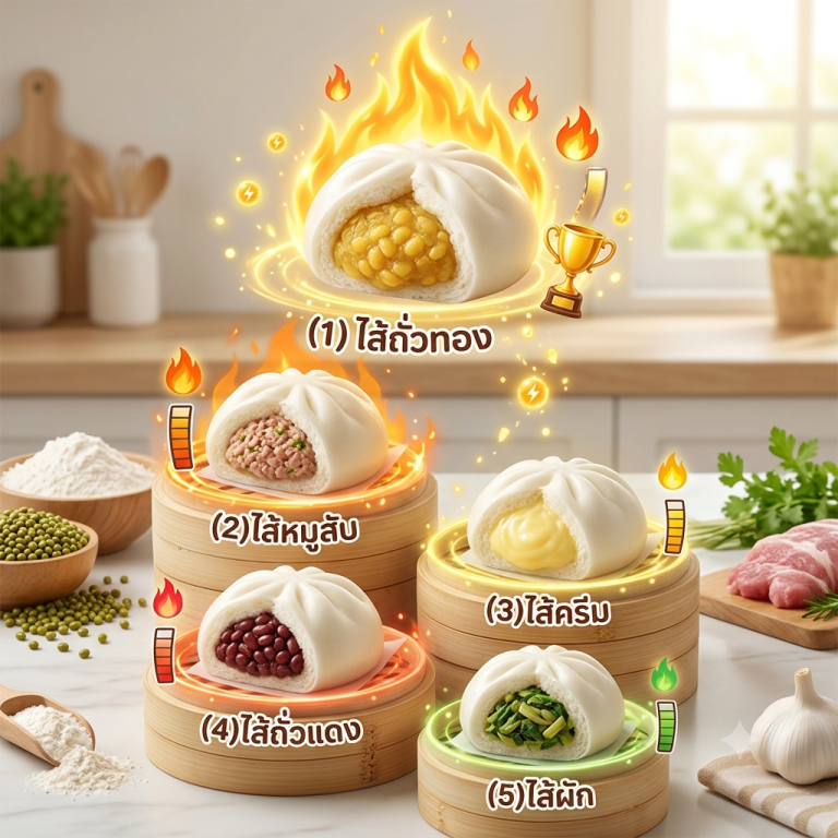 🥟 เปิดอันดับแคลอรี่ซาลาเปายอดฮิต ไส้ถั่วทองครองแชมป์พลังงานสูงสุด