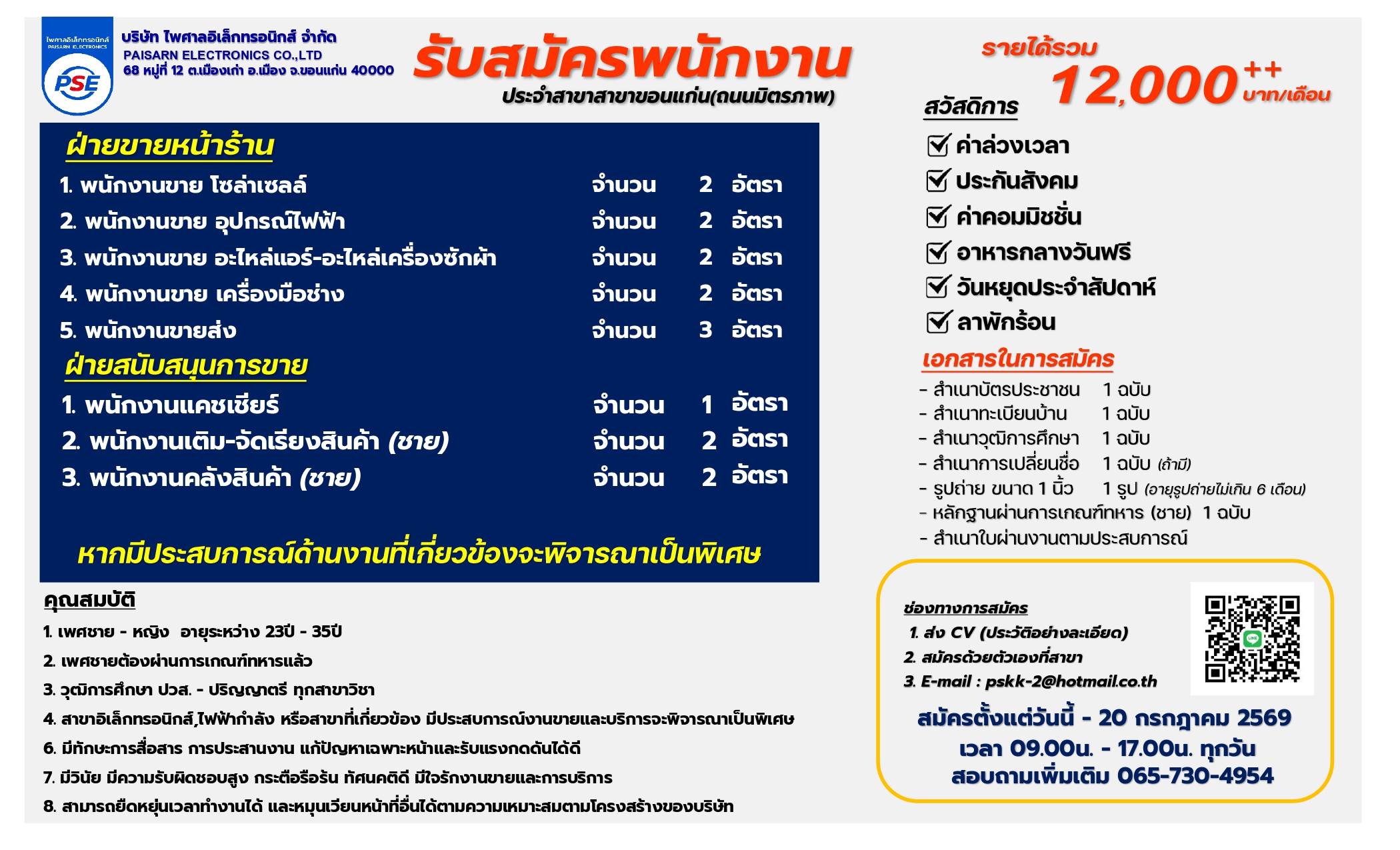 ร้านไพศาลอิเล็กทรอนิกส์ ศูนย์ขอนแก่น เปิดรับสมัครพนักงานหลายอัตราด่วน!!! **มีประสบการณ์ด้านงานที่เกี่ยวข้อง จะพิจารณาเป็นพิเศษ**