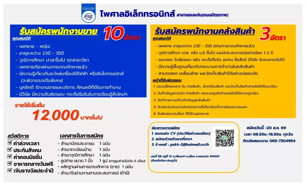 ร้านไพศาลอิเล็กทรอนิกส์ ศูนย์ขอนแก่น เปิดรับสมัครพนักงานหลายอัตราด่วน!!! มีประสบการณ์ด้านงานที่เกี่ยวข้อง จะพิจารณาเป็นพิเศษ