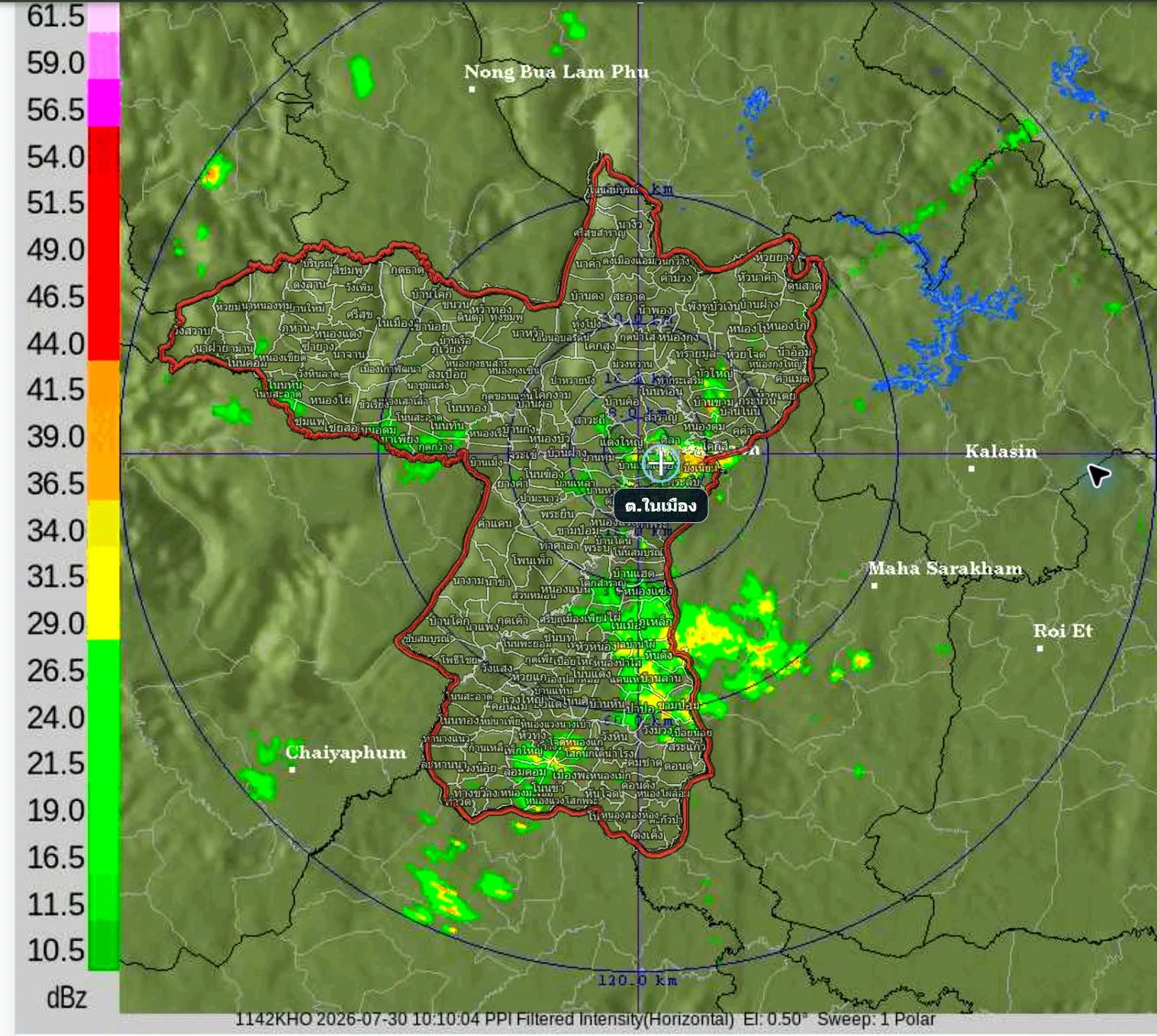 เรดาร์ฝนระยะ 120 กม. พร้อมขอบจังหวัด จุดพื้นที่ที่เลือก และกลุ่มสีฝน