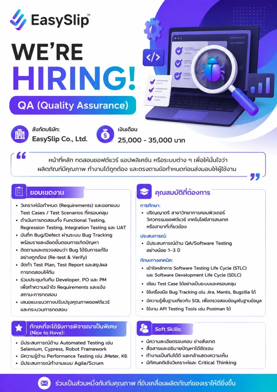 ภาพประกาศรับสมัครงาน Quality Assurance (QA) ภาพที่ 1