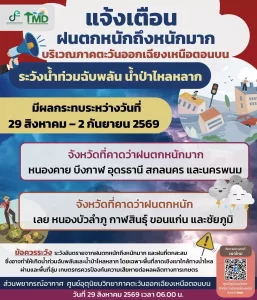 🌧️ เตือนอีสานตอนบนฝนตกหนักถึงหนักมาก 29 ส.ค.-2 ก.ย. ระวังน้ำท่วมฉับพลัน-น้ำป่าไหลหลาก