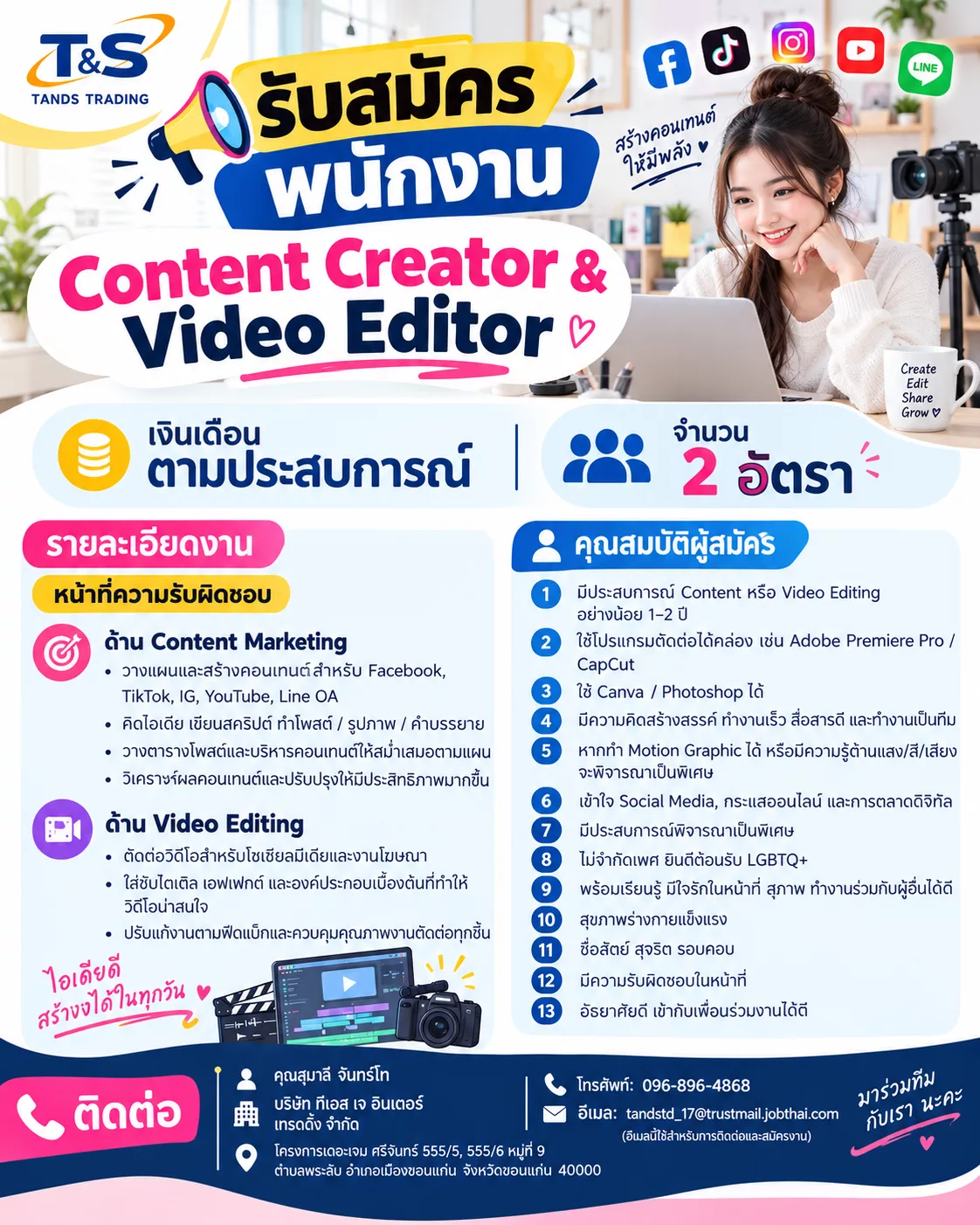 ภาพประกาศรับสมัครงาน Content Creator & Editor ภาพที่ 1