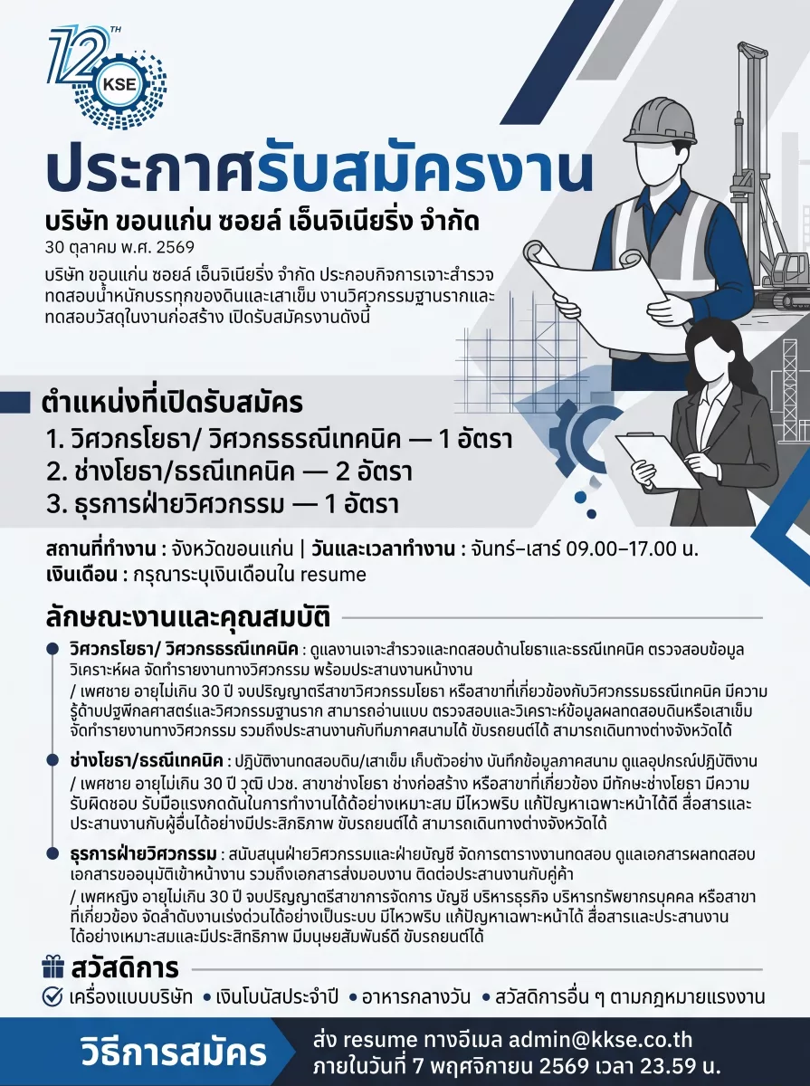 ภาพประกาศรับสมัครงาน วิศวกรโยธา/ธรณี, ช่างโยธา/ธรณีเทคนิค, ธุรการฝ่ายวิศวกรรม ภาพที่ 1